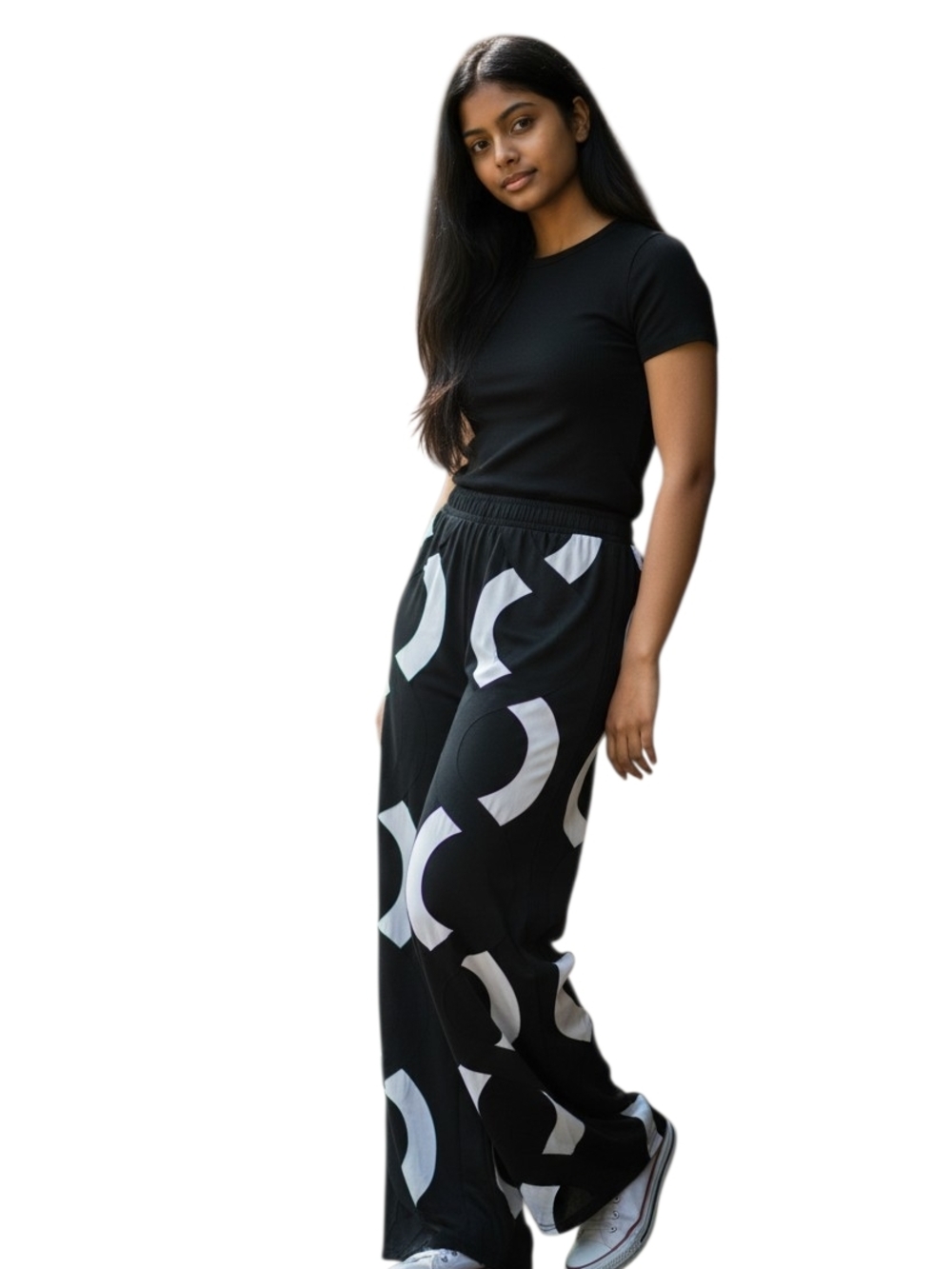 Black Pants with White Circular Graphic Accents